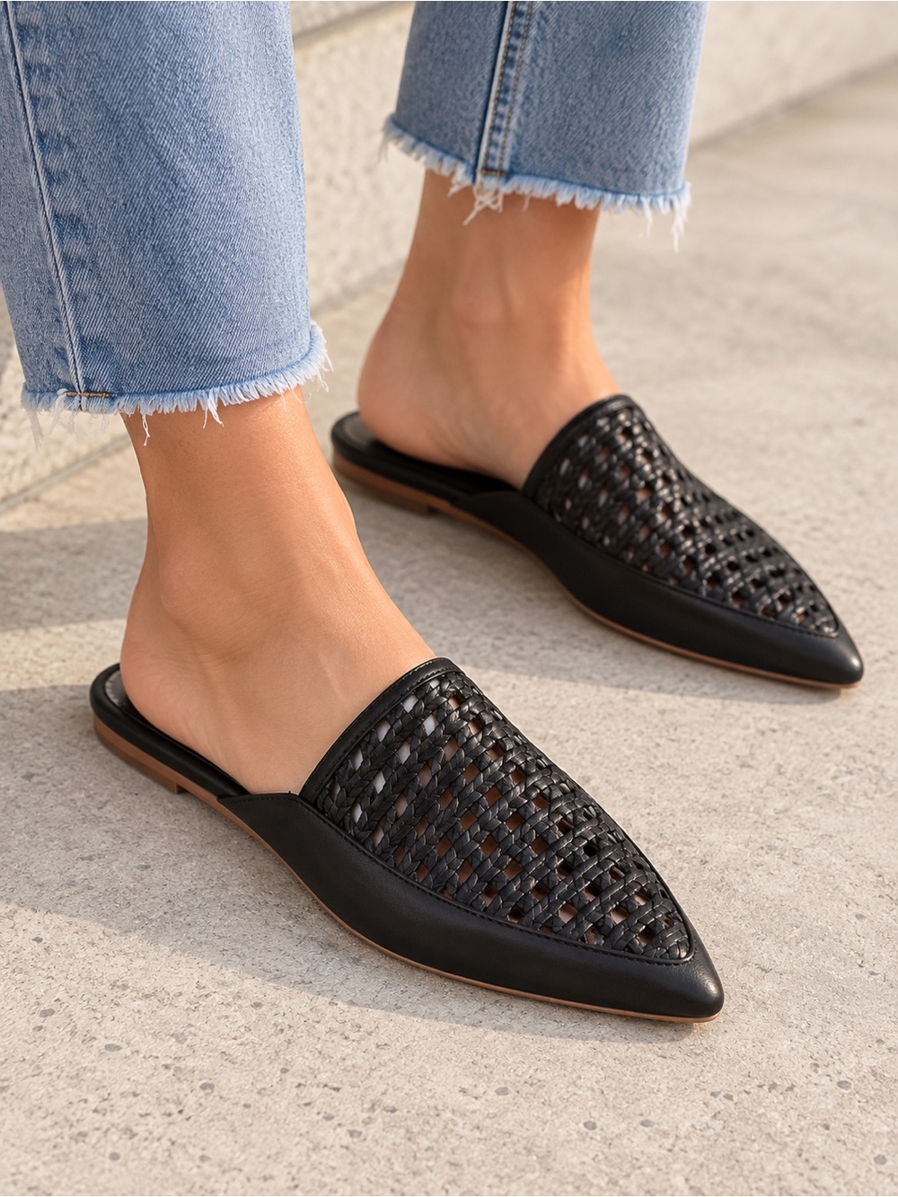Matt Bernson Virtuoso Black Woven Leather Pointed Toe Mules Size 8